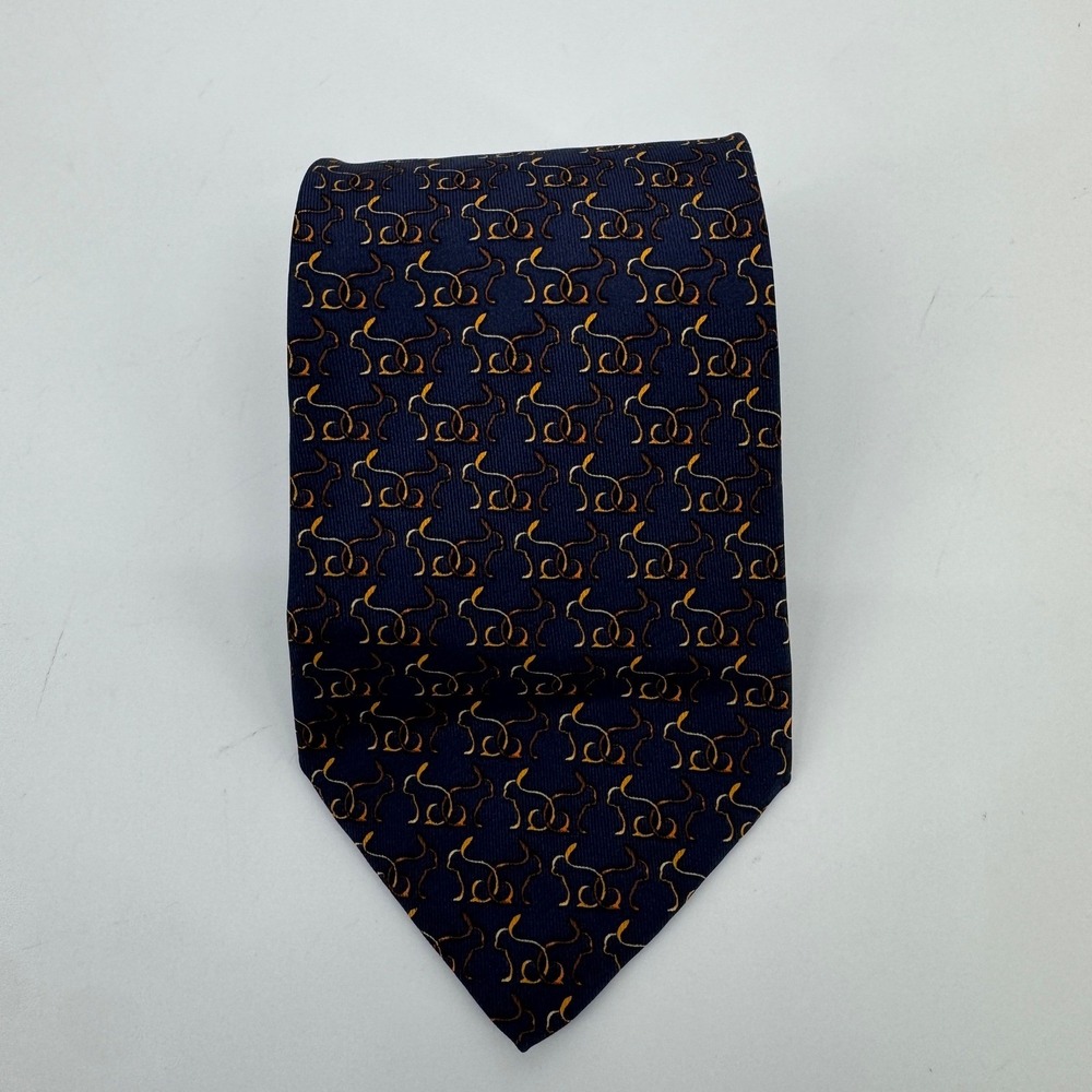 Salvatore Ferragamo Mens Silk Tie Navy Blue Gold Rabbit Animal Print Made Italy